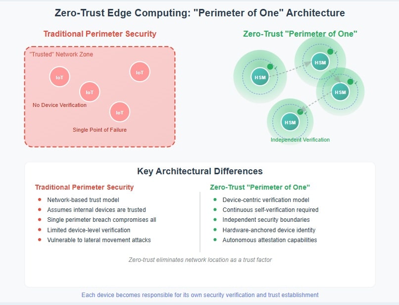 Zero-trust edge computing diagram showing individual IoT devices with independent security perimeters vs traditional network security