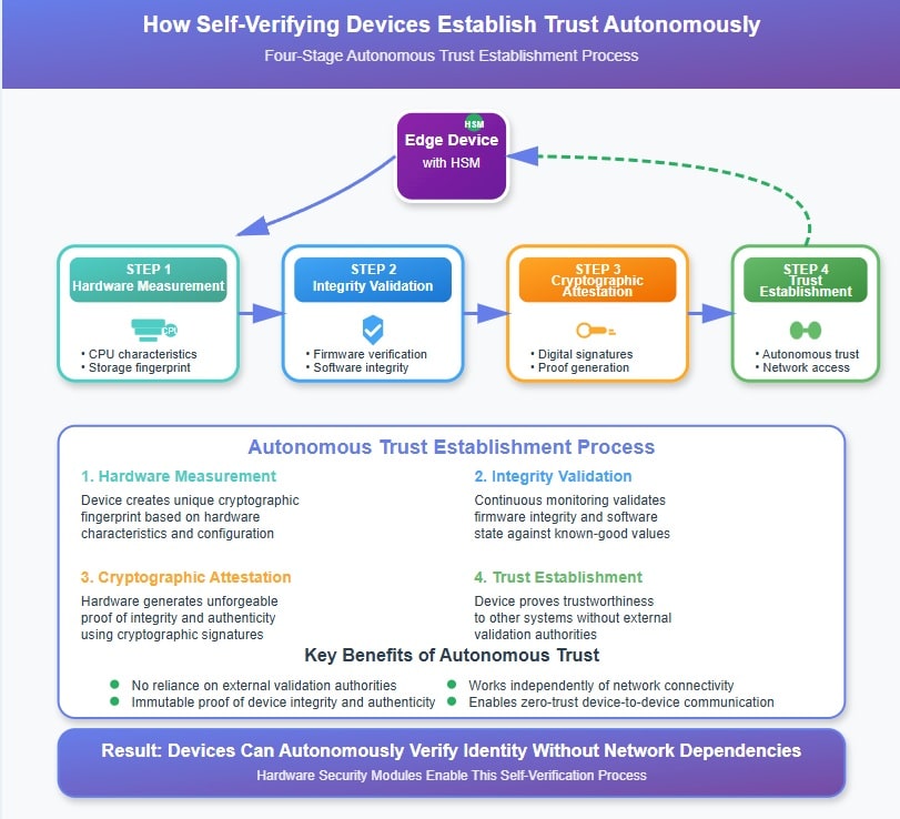 Flowchart showing how self-verifying devices establish and maintain trust through autonomous verification processes"