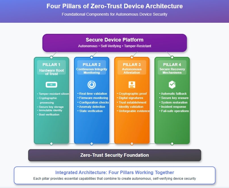 Architecture diagram illustrating the four pillars of zero-trust device security: hardware root of trust, continuous monitoring, autonomous attestation, and secure recovery