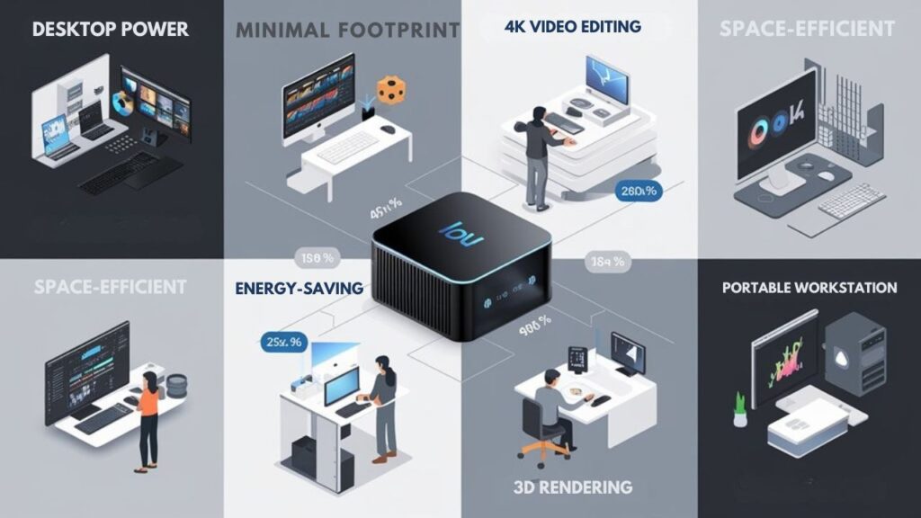 An infographic showing the benefits of mini PCs for creative professionals through a sleek visual comparison of compact size versus powerful performance. Include graphics of space-saving workstations, performance metrics, and professionals using mini PCs for video editing, graphic design, and 3D rendering.