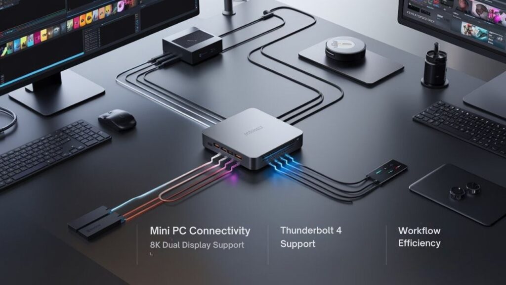 An infographic showing Mini PC connectivity options for creative professionals, with multiple monitors, external drives, and peripherals connected to a centrally positioned Mini PC. Use a clean design with color-coded connection types (Thunderbolt, USB-C, HDMI) and workflow benefits for video editing, graphic design, and 3D rendering.