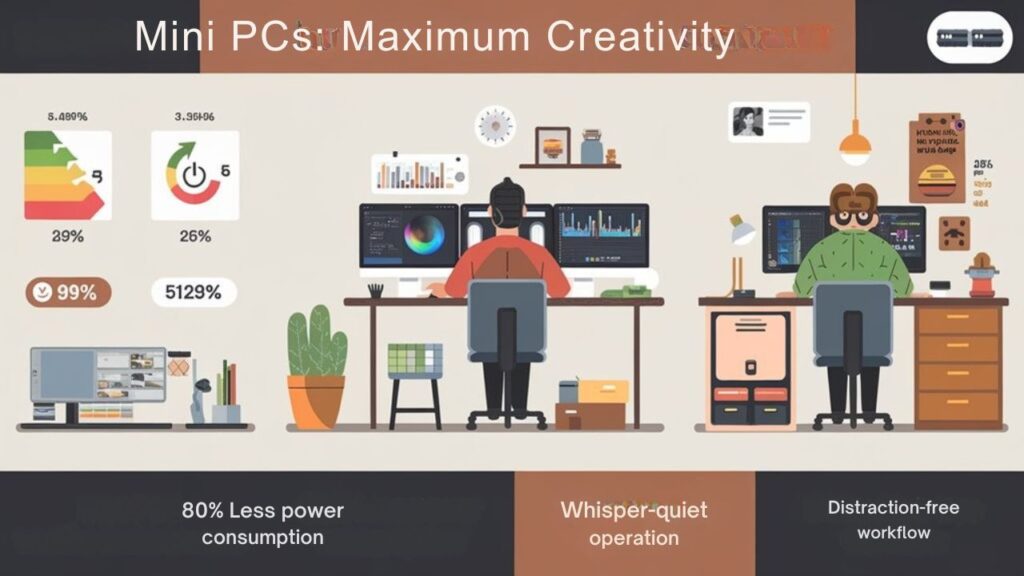n infographic displaying how mini PCs benefit creative professionals through energy efficiency and quieter work environments. Show power consumption comparison between mini PCs and traditional desktops, noise level measurements, and creative professionals working peacefully in distraction-free spaces with mini PCs.