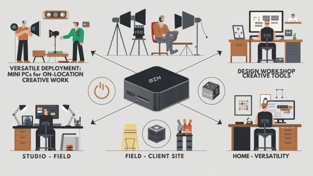 An infographic showing a mini PC being used in various creative environments - photography studio, film set, design workshop, client office. Illustrate compact size, portability, and connectivity with creative tools. Use icons to represent power efficiency, processing capabilities, and versatility.