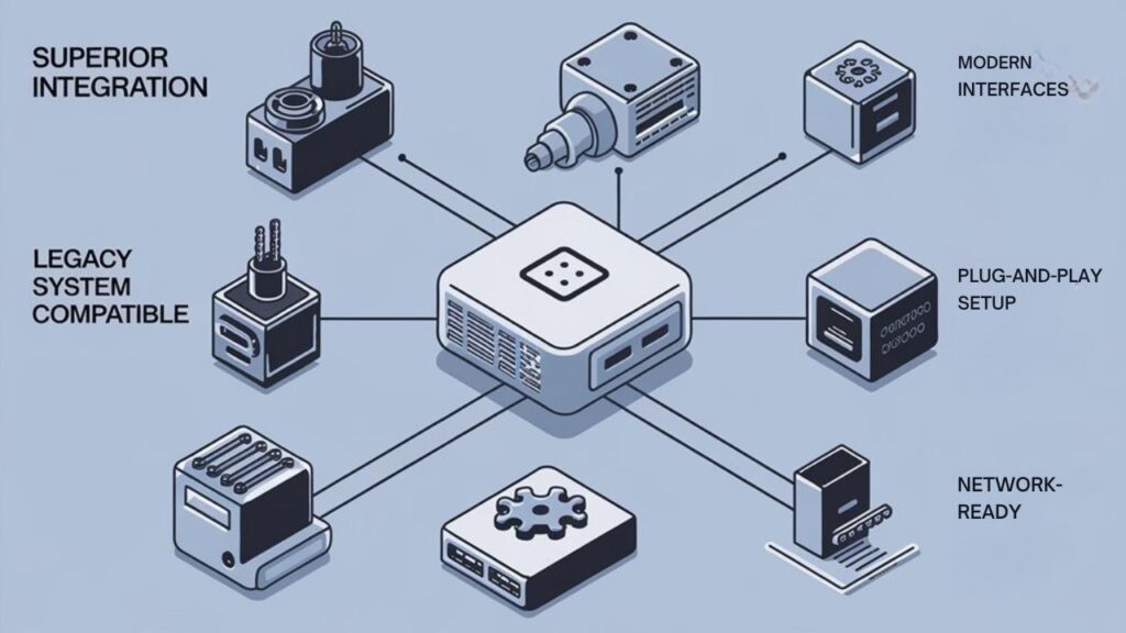 An infographic showing how mini PCs seamlessly integrate with industrial systems. Include icons of factory equipment connected to a central mini PC, highlighting compatibility with legacy systems, modern interfaces (USB, HDMI, serial ports), and networking capabilities.