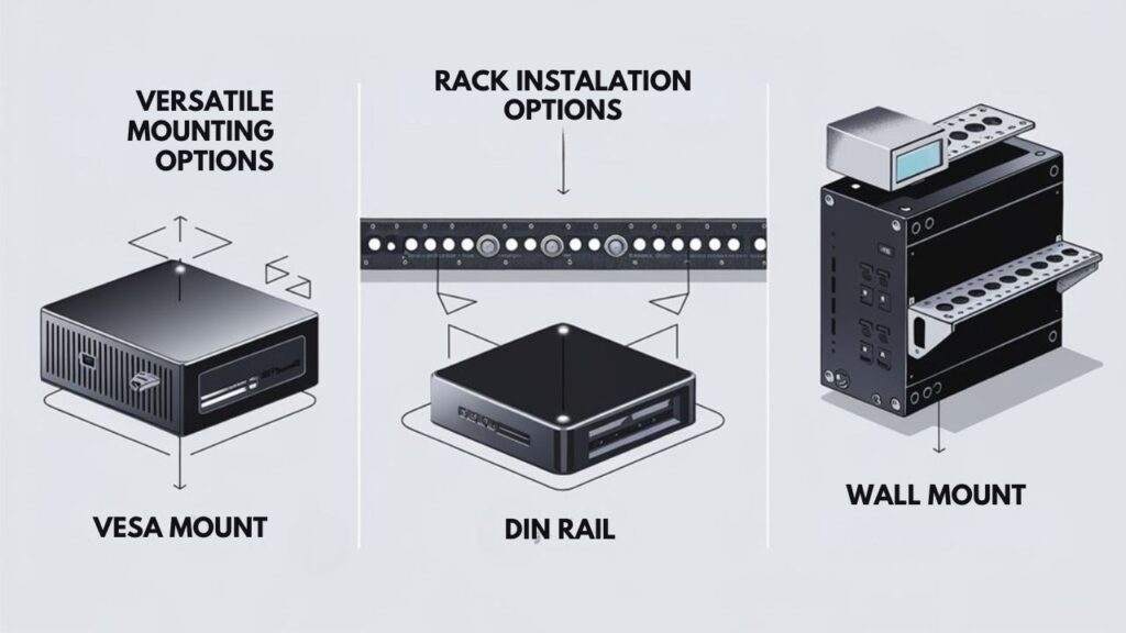 An infographic showing 4 different mounting options for mini PCs in industrial settings: VESA mounts, DIN rail attachments, wall mounts, and rack shelf installations. Use technical illustrations with arrows indicating installation points and space-saving benefits.