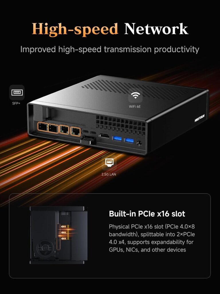 Minisforum MS-A2 showing the high speed 6E WiFi network, 2.5 G LAN network, and SFP+ Support