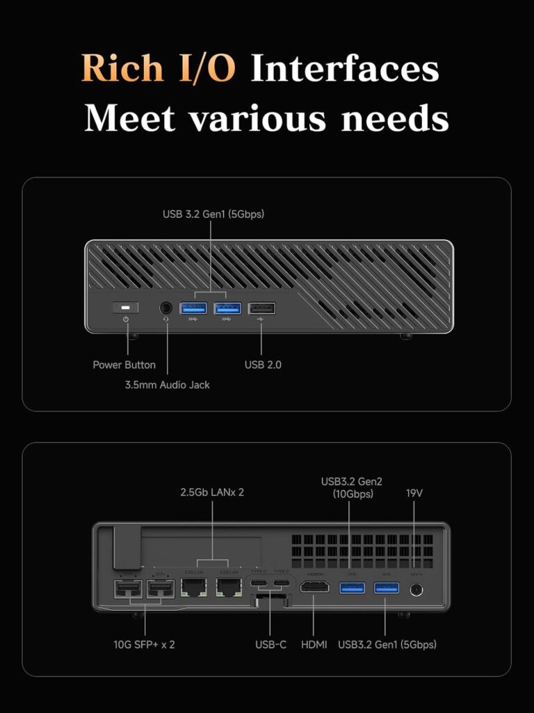 Black Minisforum MS-A2 chassis showing LAN, USB, HDMI, and SFP+ ports